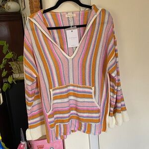 Three Bird Nest Striped Hooded Knit Sweater in Pink, Mustard, Blue & Cream